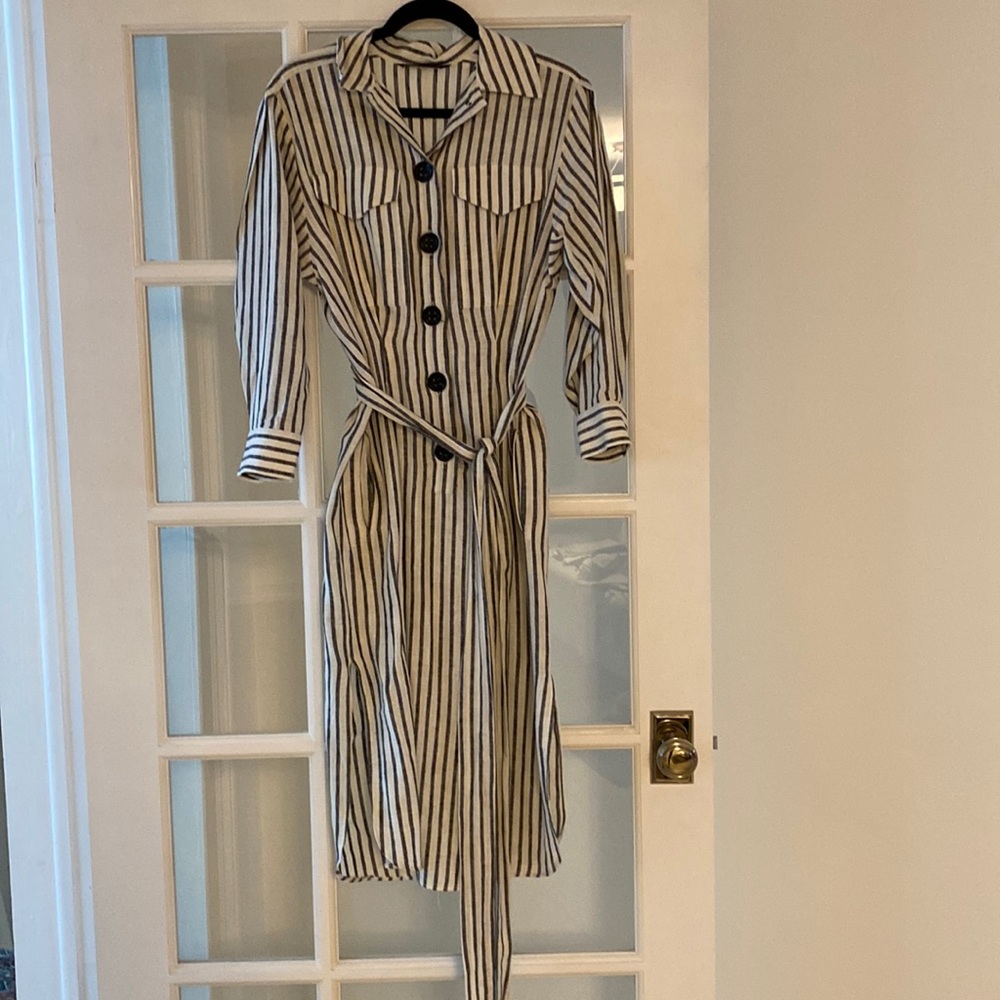 Zara linen shirt dress with pockets and tie sz S